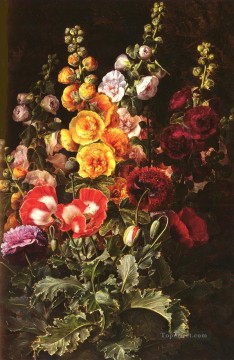  Laurentz Oil Painting - Danish Still Life Hollyhocks Johan Laurentz Jensen flower
